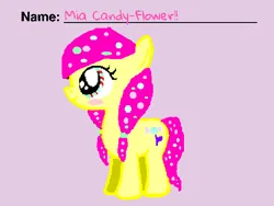 Size: 585x439 | Tagged: safe, artist:pinkiedashpony, derpibooru import, oc, oc:mia candy flower, unofficial characters only, earth pony, pony, 1000 hours in ms paint, 2014, base used, blush sticker, blushing, candy, candy in hair, eyestrain warning, female, filly, foal, food, image, looking away, multicolored eyes, pigtails, pink hair, png, reference sheet, scratch.mit.edu, simple background, smiling, solo, standing, text, twintails, yellow coat