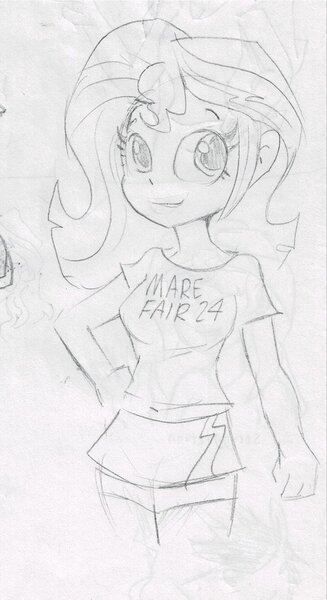 Size: 698x1280 | Tagged: safe, artist:tjpones, derpibooru import, sunset shimmer, human, unicorn, equestria girls, g4, belly button, clothes, date (time), doodle, female, grayscale, hand on hip, image, jpeg, looking at you, mare fair, midriff, monochrome, paper, pencil drawing, shirt, sketch, skirt, smiling, smiling at you, snowpity inc., solo, t-shirt, traditional art