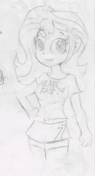 Size: 698x1280 | Tagged: safe, artist:tjpones, derpibooru import, sunset shimmer, human, unicorn, equestria girls, g4, belly button, clothes, date (time), doodle, female, grayscale, hand on hip, image, jpeg, looking at you, mare fair, midriff, monochrome, paper, pencil drawing, shirt, sketch, skirt, smiling, smiling at you, snowpity inc., solo, t-shirt, traditional art