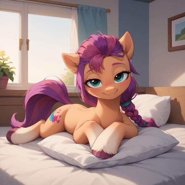 Size: 1536x1536 | Tagged: safe, ai content, derpibooru import, machine learning generated, prompter:vtaviscratch, sunny starscout, g5, bed, bedroom eyes, blush lines, blushing, braided ponytail, chest fluff, coat markings, crossed hooves, ear fluff, hair tie, happy, image, indoors, jpeg, looking at you, lying down, mane stripe sunny, pillow, prone, smiling, smiling at you, unshorn fetlocks, window