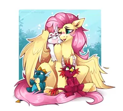 Size: 2795x2526 | Tagged: safe, artist:buvanybu, derpibooru import, fluttershy, dragon, pegasus, pony, g4, sweet and smoky, baby, baby dragon, female, image, male, mare, my little pony, png