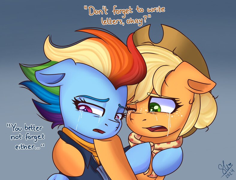 Size: 2048x1560 | Tagged: safe, artist:galaxy swirl, derpibooru import, applejack, rainbow dash, earth pony, pegasus, pony, g4, appledash, applejack's hat, cowboy hat, crying, dialogue, duo, duo female, female, floppy ears, folded wings, freckles, hat, hug, image, jpeg, lesbian, mare, older, older appledash, older applejack, older rainbow dash, one eye closed, open mouth, sad, shipping, signature, wings