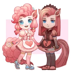 Size: 2359x2425 | Tagged: safe, artist:koyii-kong, derpibooru import, pinkie pie, human, g4, ambiguous facial structure, candy, chibi, clothes, dress, duality, eared humanization, food, high res, humanized, image, jpeg, knife, lolita fashion, lollipop, looking at you, pinkamena diane pie, smiling, smiling at you, tail, tailed humanization