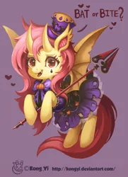 Size: 2550x3528 | Tagged: safe, artist:kongyi, artist:koyii-kong, derpibooru import, fluttershy, bat pony, pony, g4, bat ponified, clothes, dress, female, flutterbat, flying, hat, heart, high res, horns, image, jpeg, looking at you, mare, purple background, race swap, simple background, smiling, smiling at you, solo, spear, staff, top hat, weapon