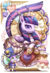 Size: 2031x2953 | Tagged: safe, artist:kongyi, artist:koyii-kong, derpibooru import, apple bloom, scootaloo, spike, sweetie belle, twilight sparkle, twilight sparkle (alicorn), alicorn, dragon, pony, g4, blob, blob pony, cake, clothes, crossed hooves, cutie mark crusaders, dress, duo, duo male and female, female, food, hat, heart, high res, image, jpeg, lidded eyes, looking at you, male, mare, smiling, smiling at you, suit, top hat