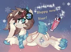 Size: 1280x932 | Tagged: safe, artist:percypawz, derpibooru import, oc, pegasus, card, clothes, fawn, happy new year, headphones, holiday, image, jpeg, scarf, snow, stars