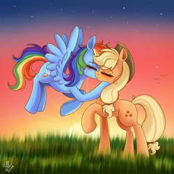 Size: 2048x2048 | Tagged: safe, artist:galaxy swirl, derpibooru import, applejack, rainbow dash, earth pony, pegasus, pony, g4, appledash, applejack's hat, blushing, cowboy hat, duo, duo female, eyebrows, eyebrows visible through hair, eyes closed, female, flying, freckles, grass, hat, high res, image, jpeg, kiss on the lips, kissing, lesbian, mare, night, night sky, outdoors, raised hoof, shipping, signature, sky, spread wings, stars, tail, wings