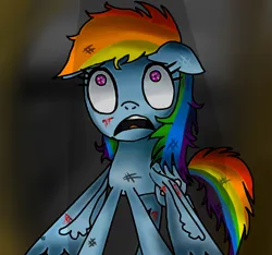 Size: 1600x1500 | Tagged: semi-grimdark, artist:rai2n, derpibooru import, rainbow dash, pegasus, pony, blood, floppy ears, image, looking up, open mouth, png, scratches, shrunken pupils, solo, wings, wings down