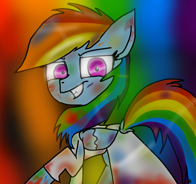 Size: 1600x1500 | Tagged: semi-grimdark, artist:rai2n, derpibooru import, rainbow dash, pegasus, pony, fanfic:rainbow factory, blood, clothes, creepy, creepy smile, fanfic art, female, image, lab coat, mare, png, rainbow background, rainbow factory dash, smiling, solo