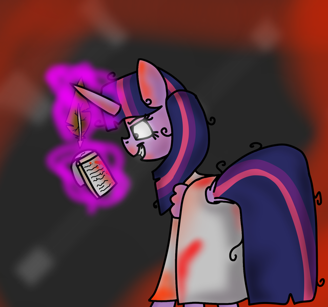 Size: 1600x1500 | Tagged: semi-grimdark, artist:rai2n, derpibooru import, twilight sparkle, twilight sparkle (alicorn), alicorn, pony, blood, clothes, evil grin, female, glow, glowing horn, grin, horn, image, lab coat, mare, notebook, pen, png, smiling, solo