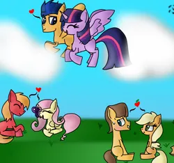 Size: 1600x1500 | Tagged: safe, artist:rai2n, derpibooru import, applejack, big macintosh, caramel, flash sentry, fluttershy, twilight sparkle, twilight sparkle (alicorn), alicorn, butterfly, earth pony, insect, pegasus, pony, cloud, couples, eyes closed, female, flashlight, fluttermac, flying, grass, heart, image, lying down, male, mare, png, ship:carajack, shipping, sitting, sky, smiling, stallion, straight