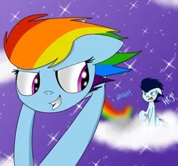 Size: 1600x1500 | Tagged: safe, artist:rai2n, derpibooru import, rainbow dash, soarin', pegasus, pony, cloud, female, image, looking back, male, mare, night, on a cloud, png, shipping, sitting, sitting on cloud, sky, smiling, soarindash, stallion, stars, straight, wind, windswept mane