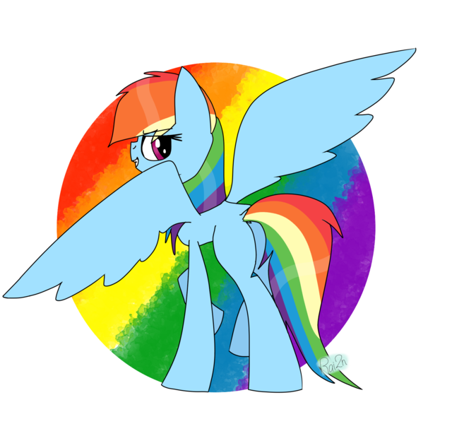 Size: 1600x1500 | Tagged: safe, artist:rai2n, derpibooru import, rainbow dash, pegasus, pony, female, image, looking back, mare, png, smiling, solo, spread wings, wings