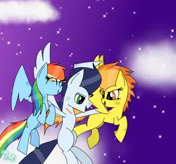 Size: 1600x1500 | Tagged: safe, artist:rai2n, derpibooru import, rainbow dash, soarin', spitfire, pegasus, pony, g4, blood, cloud, eyes closed, female, flying, image, male, mare, night, png, scratches, shipping, sky, smiling, soarindash, stallion, stars, straight