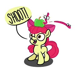 Size: 2400x2400 | Tagged: safe, artist:mafon, derpibooru import, apple bloom, earth pony, pony, worm, g4, apple, apple bloom's bow, apple on head, blank flank, bow, digital art, emanata, female, filly, foal, food, hair bow, high res, image, implied scootaloo, jumping, offscreen character, open mouth, png, speech bubble, this will end in tears and/or death and/or covered in tree sap, wide eyes, william tell, yelling