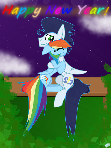 Size: 1200x1600 | Tagged: safe, artist:rai2n, derpibooru import, rainbow dash, soarin', pegasus, pony, bench, bush, cloud, eyes closed, female, grass, happy new year, holiday, hug, image, male, mare, night, png, shipping, sky, smiling, soarindash, stallion, straight