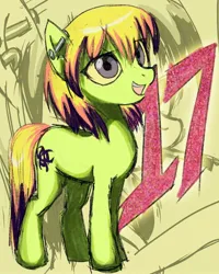 Size: 2000x2500 | Tagged: safe, artist:skypaw10, derpibooru import, oc, unofficial characters only, earth pony, pony, abstract background, earth pony oc, full body, green coat, image, jpeg, open mouth, open smile, smiling, solo