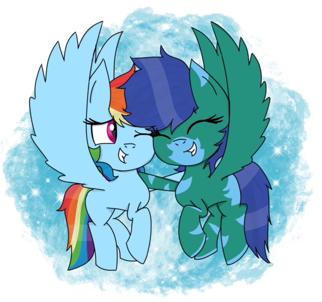 Size: 1600x1500 | Tagged: safe, artist:rai2n, derpibooru import, rainbow dash, oc, pegasus, pony, eyes closed, female, flying, hug, image, mare, png, request, smiling, spread wings, wings