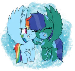 Size: 1600x1500 | Tagged: safe, artist:rai2n, derpibooru import, rainbow dash, oc, pegasus, pony, eyes closed, female, flying, hug, image, mare, png, request, smiling, spread wings, wings