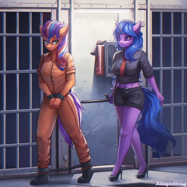 Size: 2000x2000 | Tagged: safe, artist:adagiostring, derpibooru import, izzy moonbow, sunny starscout, anthro, g5, clothes, female, females only, image, jail, jail cell, overseer, png, prison, prison guard position, prison outfit, prisoner, walking