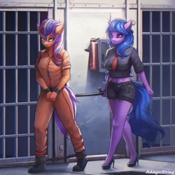 Size: 2000x2000 | Tagged: safe, artist:adagiostring, derpibooru import, izzy moonbow, sunny starscout, anthro, g5, clothes, female, females only, image, jail, jail cell, overseer, png, prison, prison guard position, prison outfit, prisoner, walking