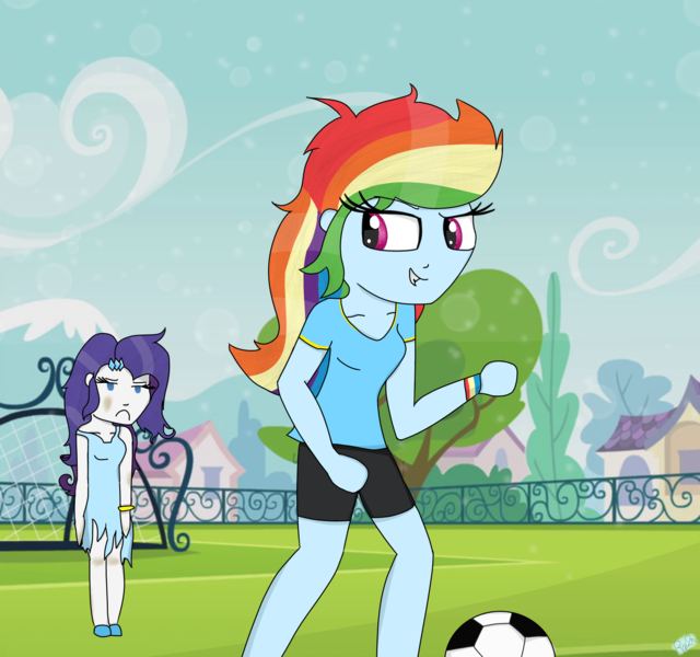 Size: 1600x1500 | Tagged: safe, artist:rai2n, derpibooru import, rainbow dash, rarity, human, equestria girls, g4, annoyed, bracelet, breasts, clothes, dress, female, fence, football, frown, grass, image, jewelry, png, ponytail, request, running, shirt, short, sky, smiling, soccer field, soccer goalpost, sports, tree