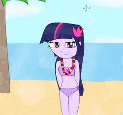 Size: 1600x1500 | Tagged: safe, artist:rai2n, derpibooru import, twilight sparkle, human, equestria girls, g4, beach, belly, belly button, bikini, clothes, female, flower, flower in hair, image, jewelry, necklace, ocean, palm tree, png, request, sand, smiling, swimsuit, tree, water