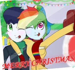 Size: 1600x1500 | Tagged: safe, artist:rai2n, derpibooru import, ponerpics import, ponybooru import, rainbow dash, soarin', human, equestria girls, g4, arm around neck, chair, christmas, christmas lights, christmas tree, clothes, female, holiday, image, male, merry christmas, mittens, png, ponytail, present, scarf, shipping, smiling, soarindash, straight, sweater, tree