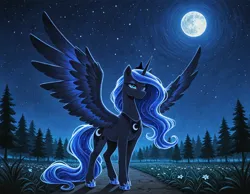 Size: 1728x1344 | Tagged: safe, ai content, derpibooru import, generator:zoinksnoob, machine learning generated, stable diffusion, princess luna, alicorn, pony, g4, crown, female, flower, flower field, full body, full moon, grass, grass field, hoof shoes, image, jewelry, lidded eyes, mare, moon, night, night sky, outdoors, peytral, png, princess shoes, prompter:tyto4tme4l, regalia, road, sky, smiling, solo, spread wings, stars, tree, wings