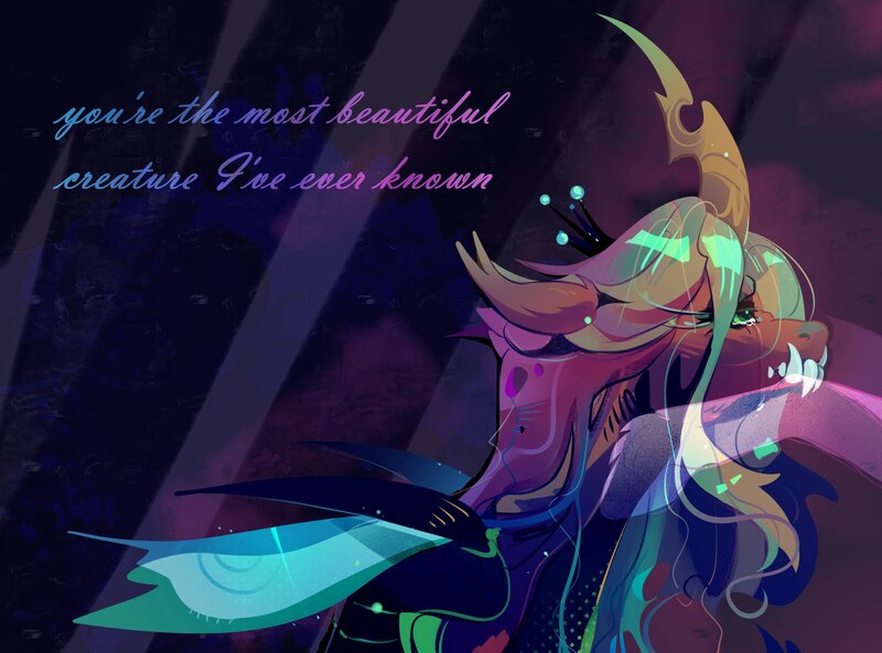 Size: 2700x2000 | Tagged: safe, artist:dazetzky, derpibooru import, princess cadance, queen chrysalis, alicorn, changeling, changeling queen, pony, abstract background, cadalis, crying, curved horn, duo, female, horn, image, infidelity, jpeg, lesbian, mare, sharp teeth, shipping, teeth, unshorn fetlocks