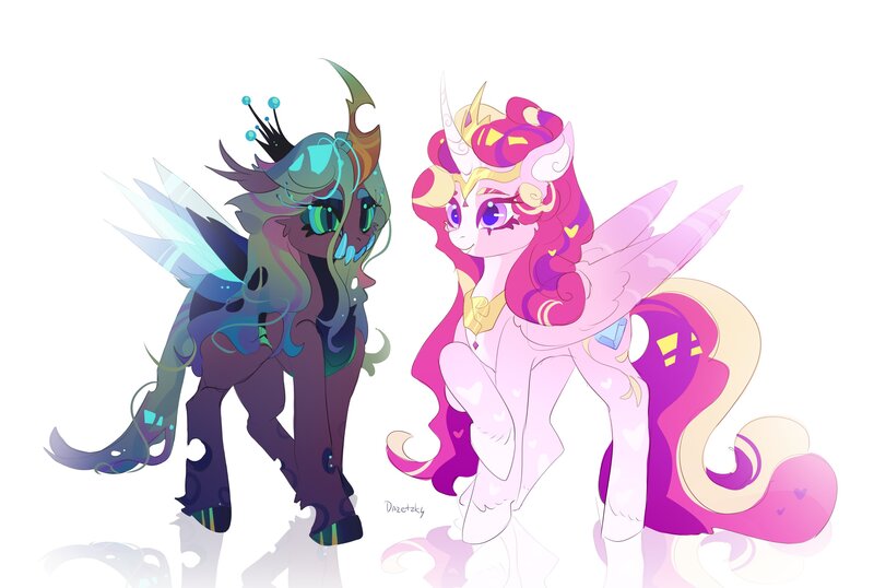 Size: 4096x2756 | Tagged: safe, artist:dazetzky, derpibooru import, princess cadance, queen chrysalis, alicorn, changeling, changeling queen, pony, g4, alternate design, cadalis, curved horn, duo, female, horn, image, infidelity, jewelry, jpeg, lesbian, mare, peytral, regalia, sharp teeth, shipping, simple background, teeth, unshorn fetlocks, white background