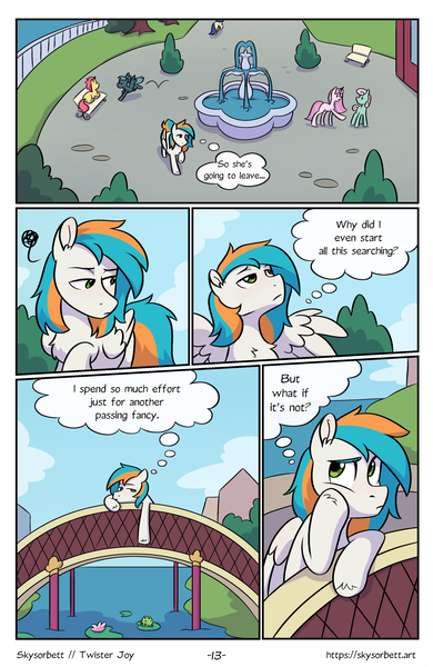 Size: 1522x2339 | Tagged: safe, artist:skysorbett, derpibooru import, oc, oc:twister joy, unofficial characters only, frog, pegasus, pony, comic:breaking free #2, bridge, comic, fountain, image, male, outdoors, png, river, stallion, town, water