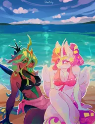 Size: 3138x4096 | Tagged: safe, artist:dazetzky, derpibooru import, princess cadance, queen chrysalis, alicorn, anthro, changeling, changeling queen, beach, bikini, breasts, cadalis, clothes, curved horn, duo, female, forked tongue, horn, image, infidelity, jpeg, lesbian, ocean, sarong, sharp teeth, shipping, swimsuit, teeth, water