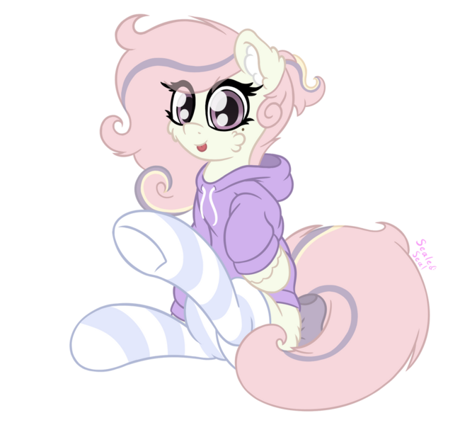 Size: 930x859 | Tagged: safe, artist:sealedseal, derpibooru import, oc, oc:naked skull, unofficial characters only, earth pony, pony, bow, bow on dock, clothes, ear fluff, female, image, looking at you, mare, multicolored hair, multicolored mane, png, simple background, sitting, socks, solo, striped socks, sweatshirt, tongue out, transparent background, underhoof, watermark