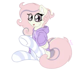 Size: 930x859 | Tagged: safe, artist:sealedseal, derpibooru import, oc, oc:naked skull, unofficial characters only, earth pony, pony, bow, bow on dock, clothes, ear fluff, female, image, looking at you, mare, multicolored hair, multicolored mane, png, simple background, sitting, socks, solo, striped socks, sweatshirt, tongue out, transparent background, underhoof, watermark