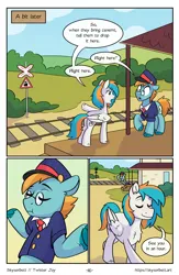 Size: 1522x2339 | Tagged: safe, artist:skysorbett, derpibooru import, oc, oc:twister joy, unofficial characters only, pegasus, pony, comic:breaking free #2, comic, image, male, outdoors, png, railroad, stallion, train station