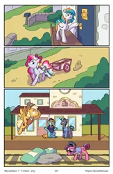 Size: 1522x2339 | Tagged: safe, artist:skysorbett, derpibooru import, oc, oc:sky sorbet, oc:twister joy, unofficial characters only, pegasus, pony, comic:breaking free #2, building, comic, female, house, image, male, mare, outdoors, png, police, railroad, stallion, train station