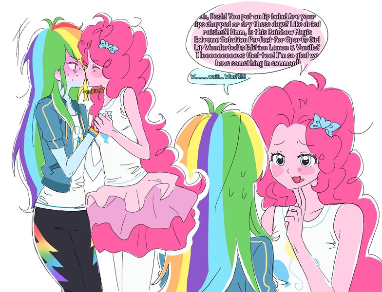 Size: 2101x1607 | Tagged: suggestive, artist:raritmiu, derpibooru import, pinkie pie, rainbow dash, human, equestria girls, g4, blushing, bow, dialogue, duo, female, hair bow, image, jpeg, lesbian, licking, licking lips, pinkie being pinkie, pinkiedash, shipping, speech bubble, sweat, tongue out