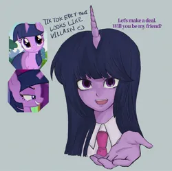 Size: 1479x1471 | Tagged: safe, artist:raritmiu, derpibooru import, twilight sparkle, human, pony, unicorn, g4, clothes, evil twilight, female, horn, horned humanization, humanized, image, jpeg, mare, necktie, solo, unicorn twilight