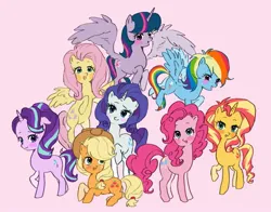 Size: 1893x1484 | Tagged: safe, artist:raritmiu, derpibooru import, applejack, fluttershy, pinkie pie, rainbow dash, rarity, starlight glimmer, sunset shimmer, twilight sparkle, twilight sparkle (alicorn), alicorn, earth pony, pegasus, pony, unicorn, g4, blushing, female, flying, horn, image, jpeg, lying down, mane six, mare, pink background, prone, simple background, spread wings, wings