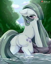 Size: 4000x5000 | Tagged: suggestive, artist:xsatanielx, derpibooru import, marble pie, earth pony, pony, g4, blushing, butt, cloud, cute, dock, ear fluff, featureless crotch, female, image, marblebetes, marblebutt, mare, outdoors, plot, png, rock, sky, solo, solo female, tail, tree, underhoof, water