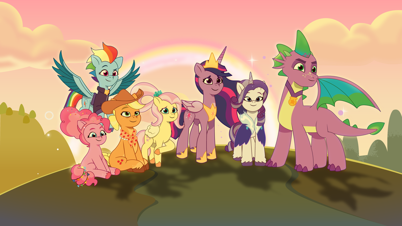 Size: 2400x1350 | Tagged: safe, artist:prixy05, derpibooru import, applejack, fluttershy, pinkie pie, princess twilight 2.0, rainbow dash, rarity, spike, twilight sparkle, twilight sparkle (alicorn), alicorn, earth pony, pegasus, pony, unicorn, g4, g5, the last problem, female, flowing mane, g4 to g5, generation leap, horn, image, jewelry, mane seven, mane six, mare, my little pony, older, older applejack, older fluttershy, older pinkie pie, older rainbow dash, older rarity, older spike, older twilight, older twilight sparkle (alicorn), png, rainbow, regalia, scene interpretation, tell your tale style