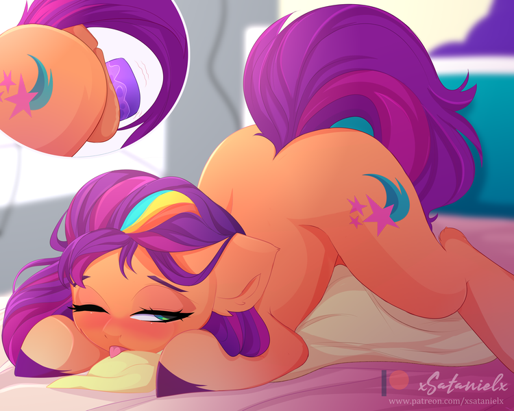 Size: 5000x4000 | Tagged: explicit, alternate version, artist:xsatanielx, derpibooru import, sunny starscout, earth pony, pony, g5, absurd resolution, anatomically correct, anus, ass up, blushing, face down ass up, female, image, insertion, mane stripe sunny, mare, nudity, one eye closed, png, ponut, sex toy, side anus, sidepussy, solo, solo female, tail, tongue out, unshorn fetlocks, vaginal insertion, vaginal secretions, vibrator, vulva