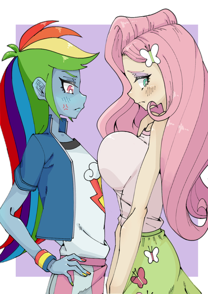 Size: 1191x1684 | Tagged: safe, artist:破坏海胆boom, derpibooru import, fluttershy, rainbow dash, human, equestria girls, g4, blushing, breasts, busty fluttershy, butterfly hairpin, comparison, cross-popping veins, delicious flat chest, docking, duo, emanata, embarrassed, female, image, jpeg, looking at breasts, looking away, rainbow flat