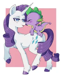 Size: 1191x1492 | Tagged: safe, artist:破坏海胆boom, derpibooru import, rarity, spike, dragon, pony, unicorn, g4, blushing, boop, dragons riding ponies, eyes closed, female, horn, image, jpeg, looking at each other, looking at someone, male, my little pony, riding, riding a pony, shipping, sparity, spike riding rarity, straight