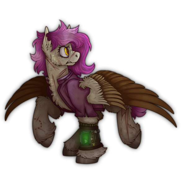 Size: 2300x2300 | Tagged: safe, artist:molars, derpibooru import, oc, oc:molars, pegasus, pony, fallout equestria, ashes town, bitemark, branded, chest fluff, clothes, dashite brand, full body, image, jacket, pink mane, pipbuck, png, ponysona, scar, shading, short mane, solo, spread wings, unshorn fetlocks, wings, yellow eyes