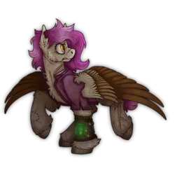 Size: 2300x2300 | Tagged: safe, artist:molars, derpibooru import, oc, oc:molars, pegasus, pony, fallout equestria, ashes town, bitemark, branded, chest fluff, clothes, dashite brand, full body, image, jacket, pink mane, pipbuck, png, ponysona, scar, shading, short mane, solo, spread wings, unshorn fetlocks, wings, yellow eyes