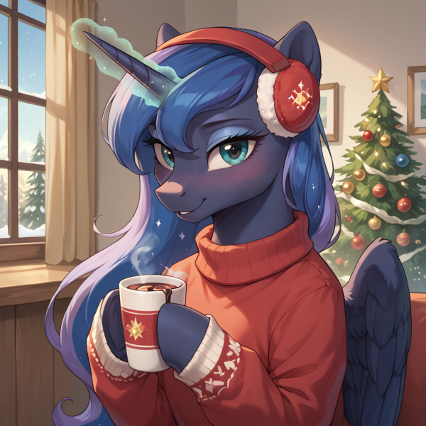 Size: 2048x2048 | Tagged: safe, ai content, derpibooru import, machine learning generated, prompter:lostconn, stable diffusion, princess luna, alicorn, g4, blushing, chocolate, christmas, christmas lights, christmas tree, clothes, cup, earmuffs, folded wings, food, generator:pony diffusion v6 xl, holiday, hoof hold, hot chocolate, image, indoors, looking at you, png, smiling, smiling at you, snow, solo, sweater, tree, window, wings, winter