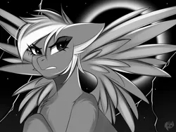 Size: 2000x1500 | Tagged: safe, artist:namelessplaza, derpibooru import, rainbow dash, pegasus, angry, image, jpeg, moon, solo, stars, wings