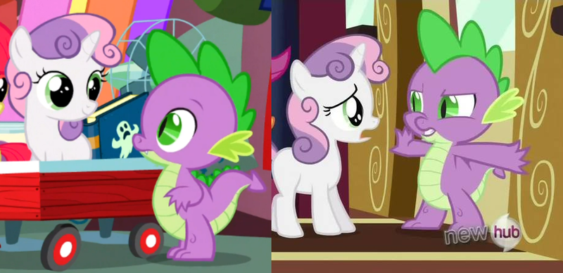 Size: 919x446 | Tagged: safe, derpibooru import, spike, sweetie belle, g4, just for sidekicks, the show stoppers, female, image, kids, male, my little pony, png, shipping, side by side, spikebelle, straight